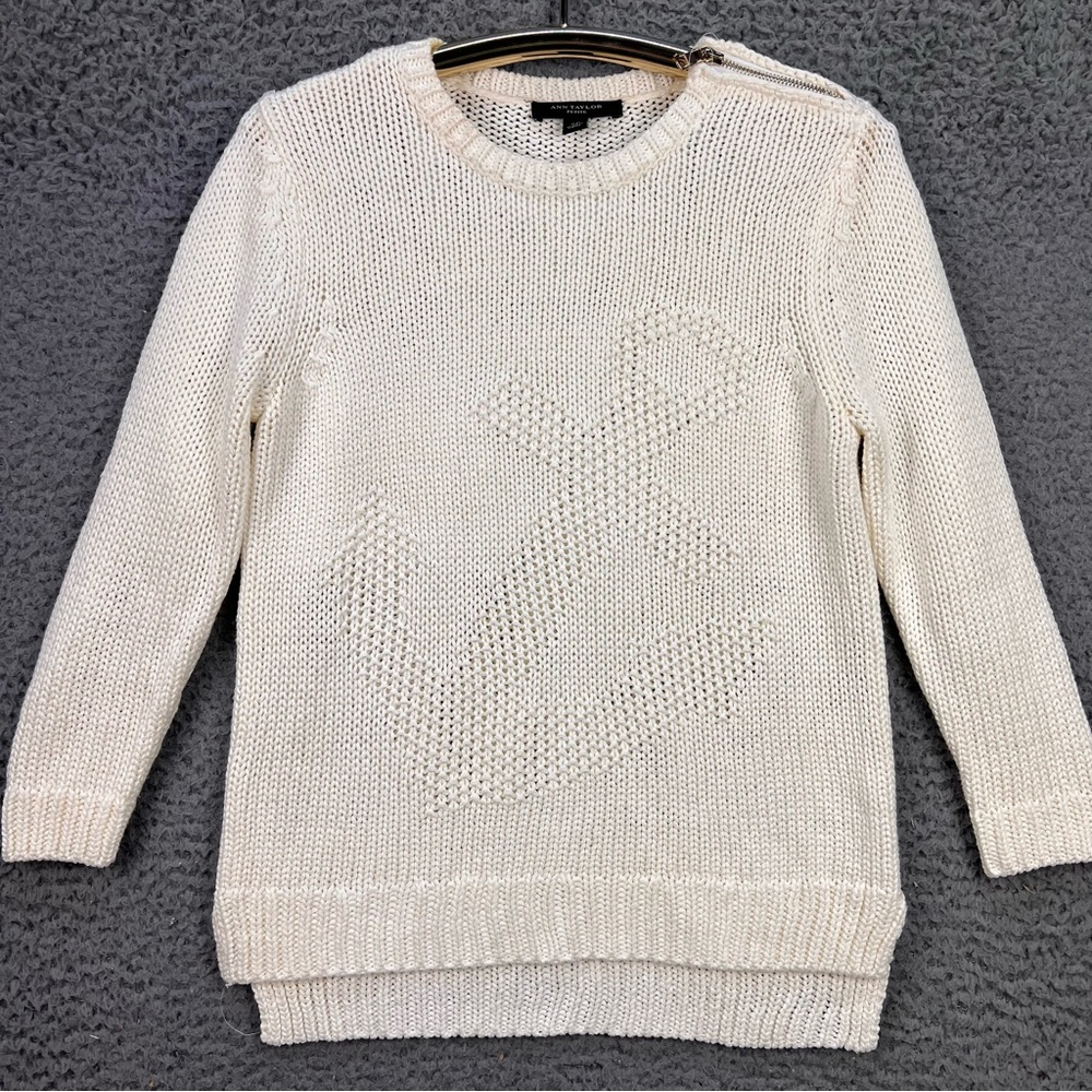 Ann Taylor Anchor Sailor Nautical Ivory Sweater Small Petite Gold Zip 3/4 Sleeve